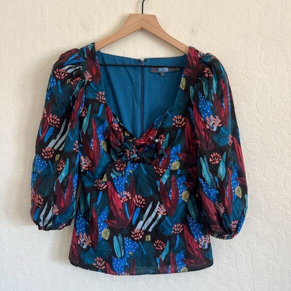 Anthropologie Eva Franco Tropical Sweetheart Puff Sleeve Blouse 4 Multicolor - Picture 1 of 9